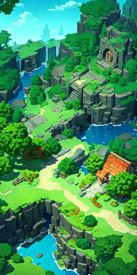 13911-762222473-concept art, top-down terrain, game scene, landscape, water, outdoors, tree, sky, from_above, no_humans, building, fantasy, hous.png